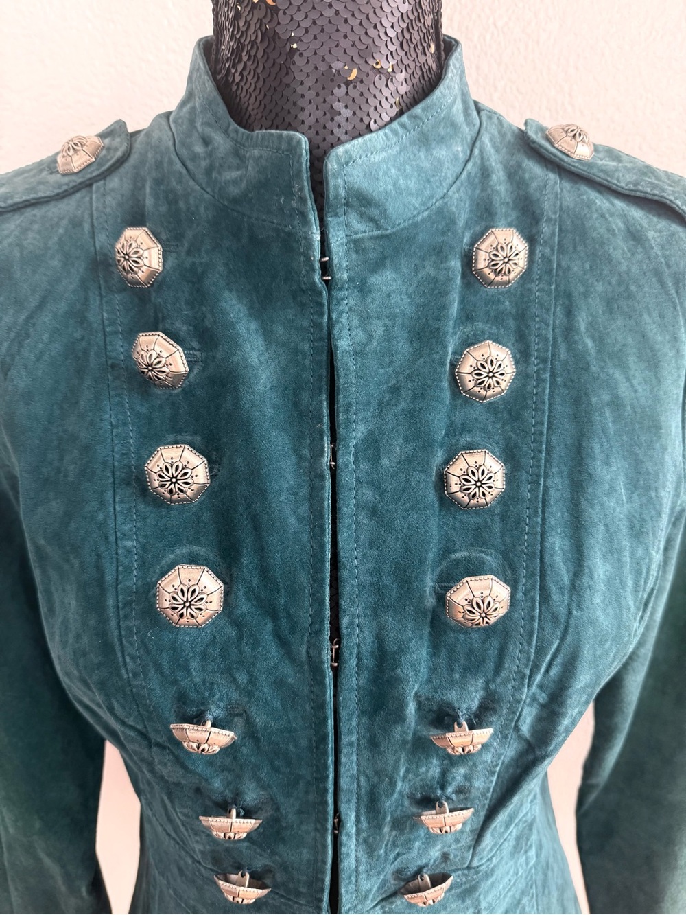 Dressbarn Vintage Teal 100% Leather Military-Style Jacket Size Small - Picture 2 of 7